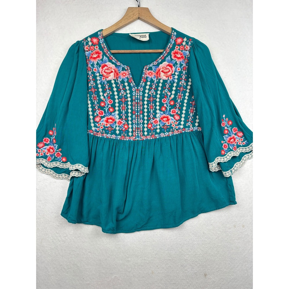 Savanna Jane Blouse Womens Medium Floral Embroidered Babydoll Boho Peasant Top